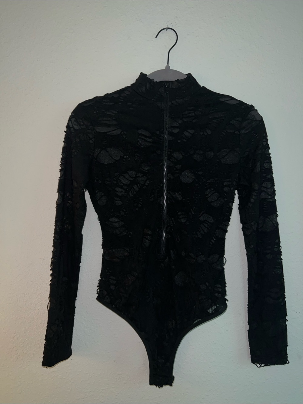 Aria Black Distressed Lace Zip-Up Bodysuit